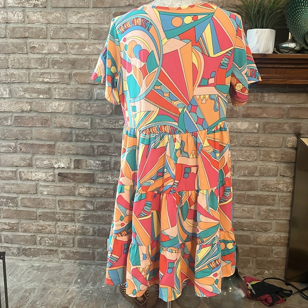Short Sleeve Pink Abstract Geometric Print Tassel Tie Flared Dress! - Picture 5 of 5